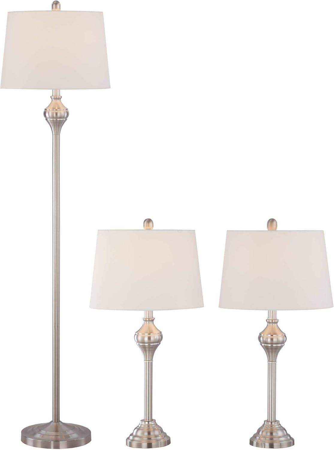 Barnes and Ivy Mason Traditional Table Floor Lamps 56" Tall Set of 3 Brushed Steel White Tapered Drum Shade for Bedroom Living Room Bedside Nightstand