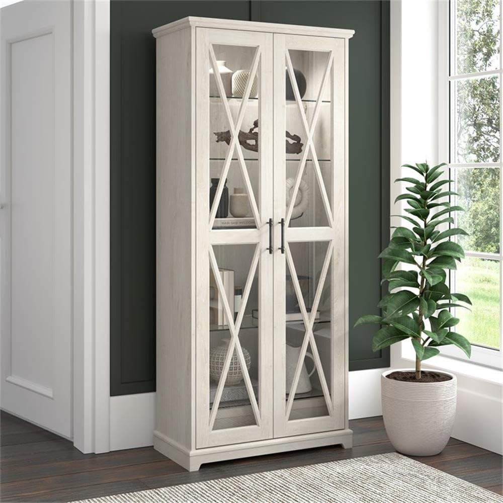 Bush Lennox Engineered Wood Curio Cabinet with Glass Doors in Linen White Oak