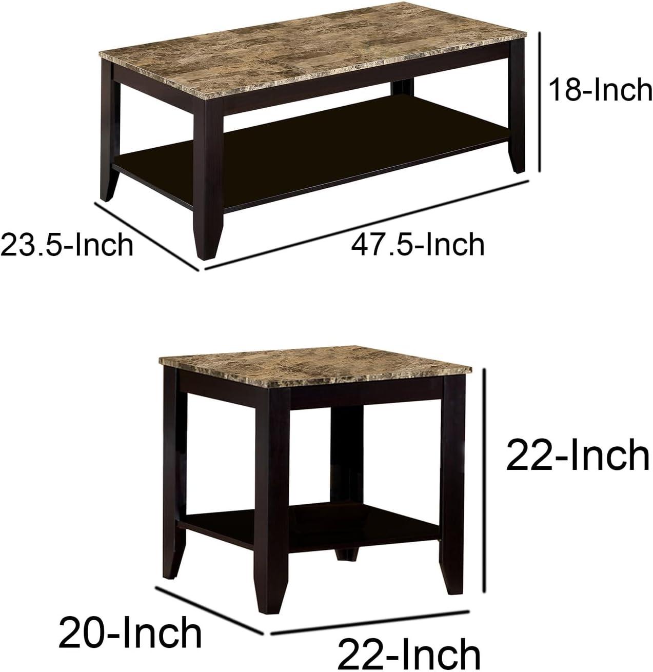 Brown Wood and Faux Marble 3-Piece Coffee Table Set