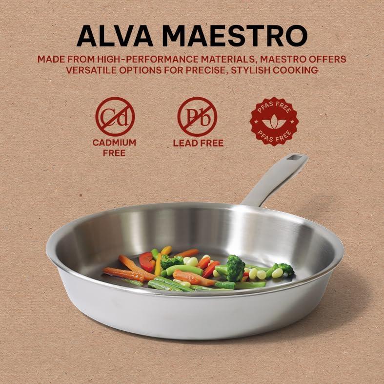 Alva Maestro Stainless Steel Frying Pan Skillet Non Toxic Omelette Pan Kitchen Cookware PFAS, PFOA & PFTE Free, for Cooking Pan Set, Induction Safe, Add to Your Pots and Pans Set Cookware