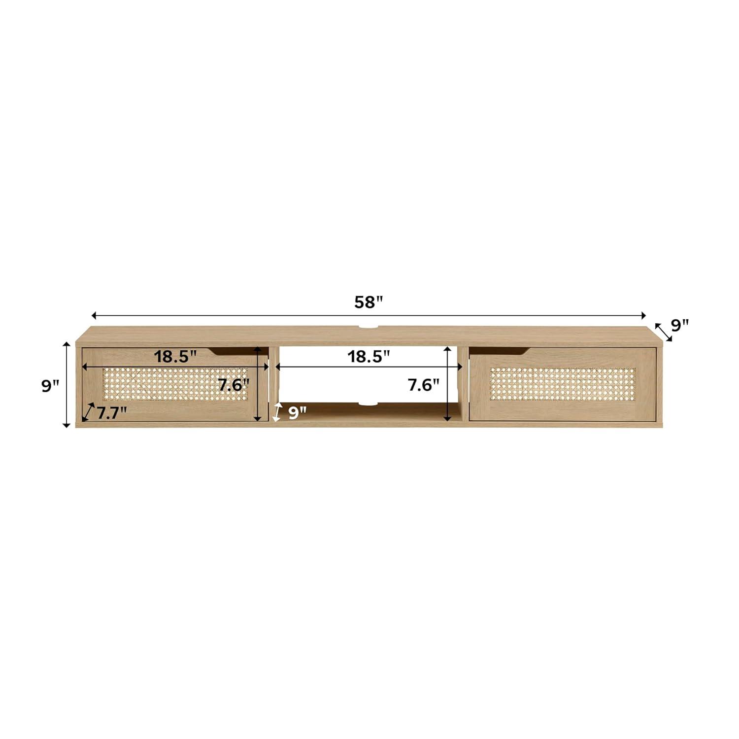 Walker Edison Modern Floating Rattan-Door TV Stand for TVs up to 65”, Coastal Oak