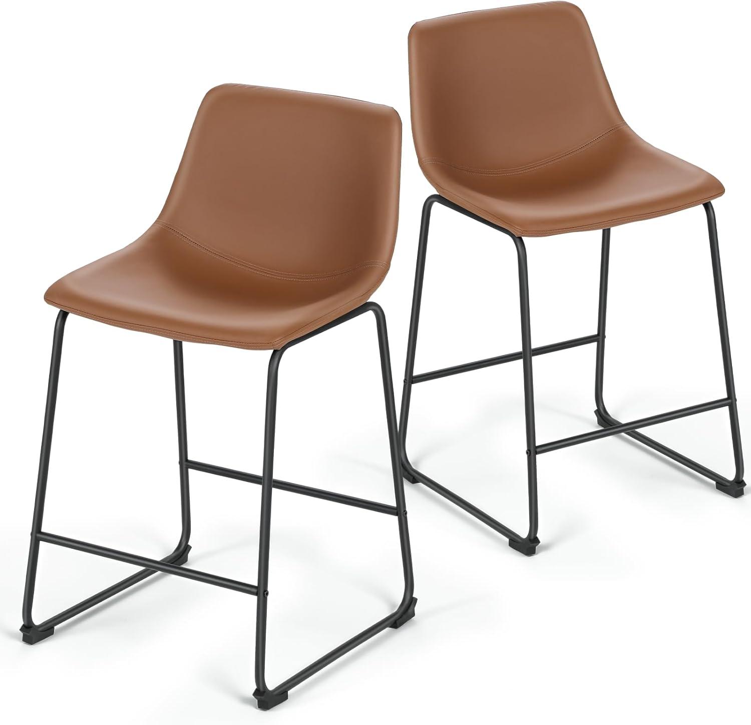 MoNiBloom PU Leather Barstools Set of 2, Modern Counter Height Bar Stools, Dining Pub Chairs with Padded Bucket Seat, Brown