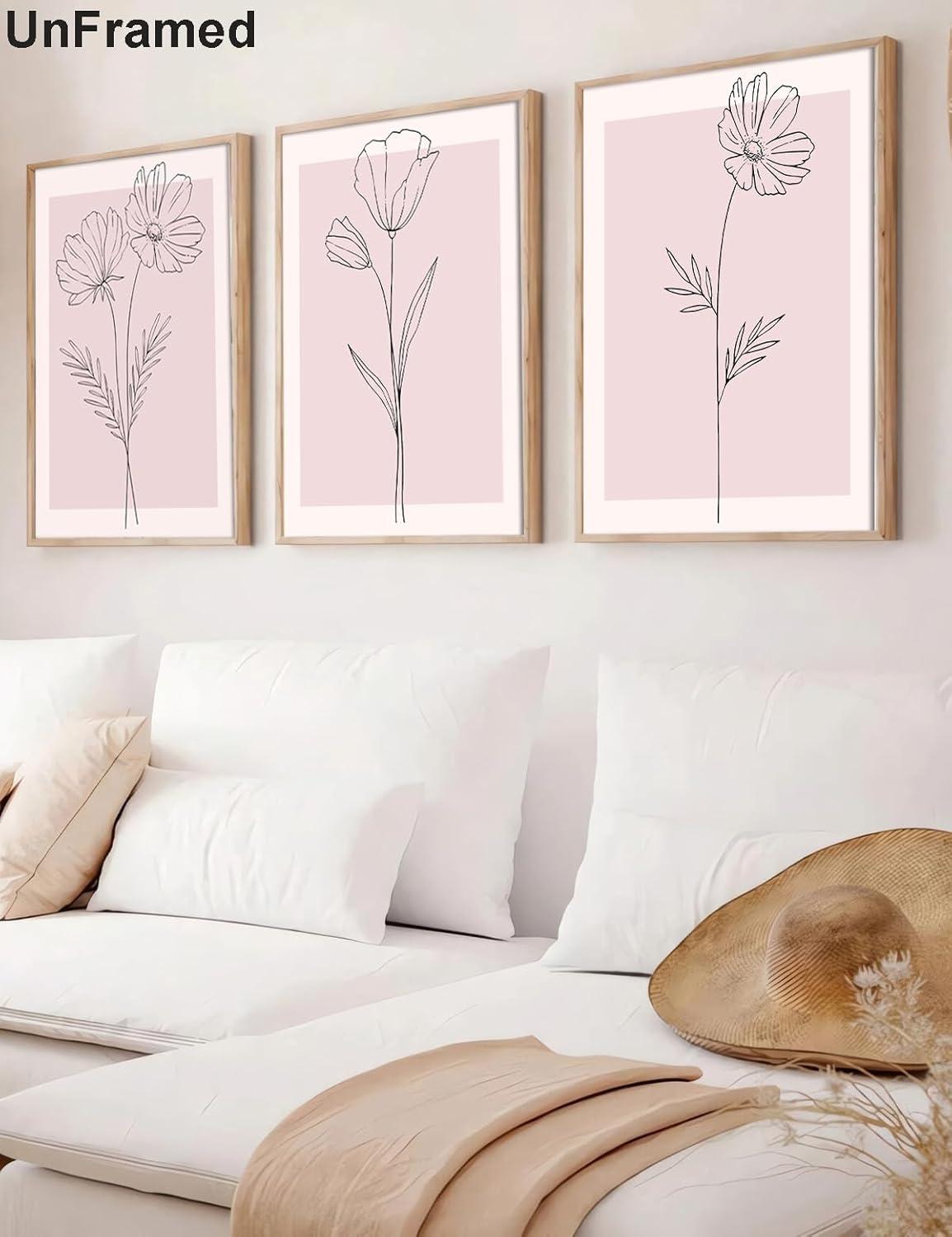 Lark Manor™ 3 Pieces Minimalism Botanical Canvas Wall Art Pink Flowers Line Plants Pictures Wall Decor Posters Print Artwork For Room Living Room Bedroom Bathroom Office Home Decoration