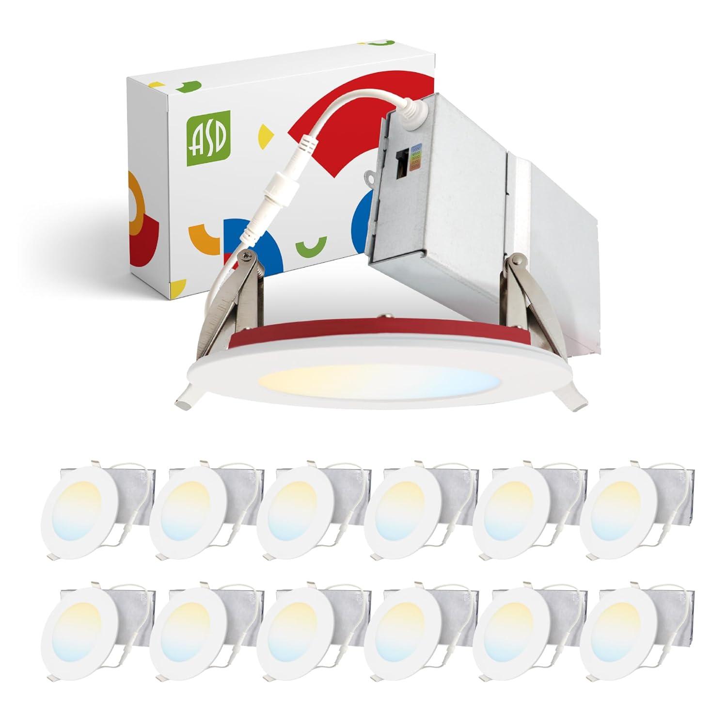 ASD 12 Pack Fire Rated Recessed Lights 4 Inch, 5 Colors 2700K/3000K/3500K/4000K/5000K, 840 Lumens, 2 Hour Fire Rating, Ultra Thin Dimmable Canless Downlight, No Tenmat Needed, Wet and IC Rated, ETL