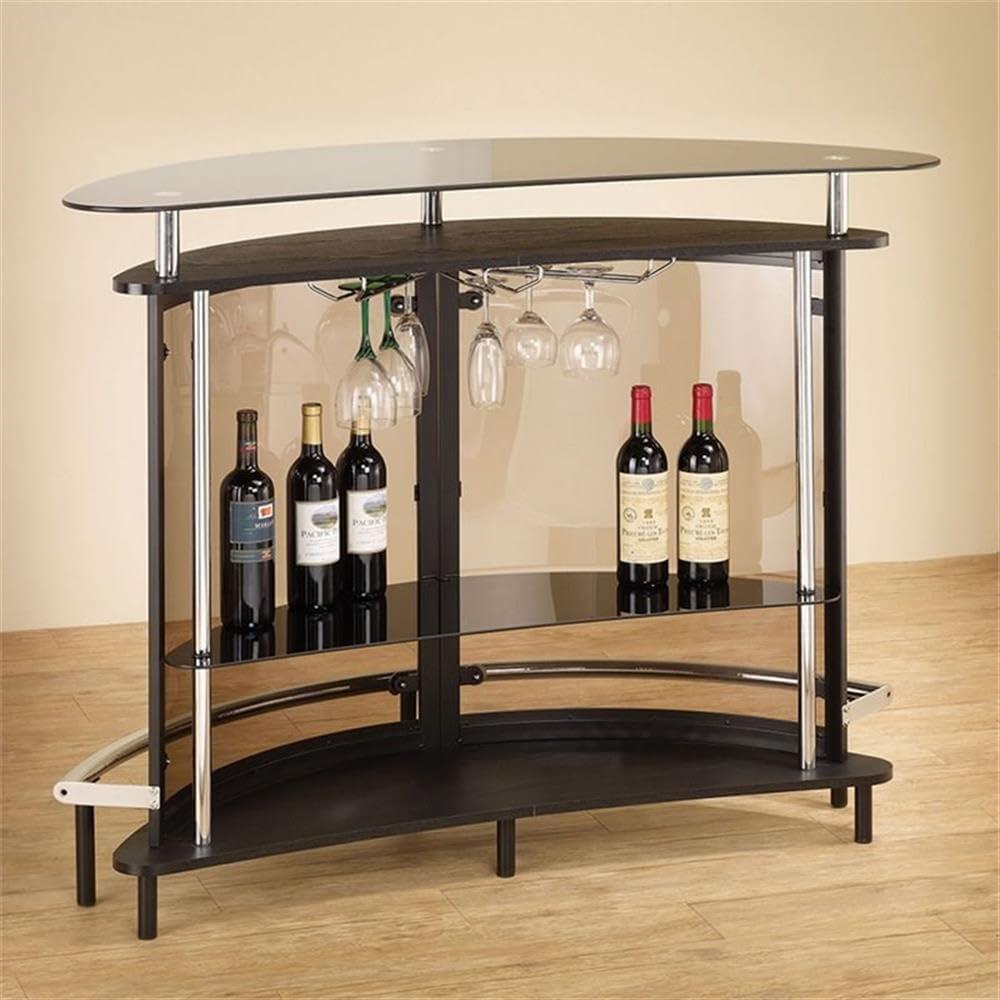 Pemberly Row Contemporary Glass Home Bar in Black and Chrome