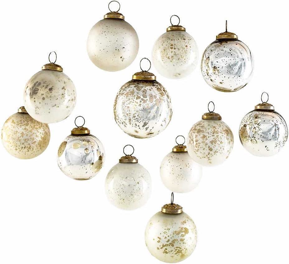 Serene Spaces Living Set of 12 Vintage Style White & Silver Glass Ball Ornaments for Christmas Tree, Holiday Decorations, Winter Wedding, Table Centerpiece, Window Box, Measures 2.5" Diameter