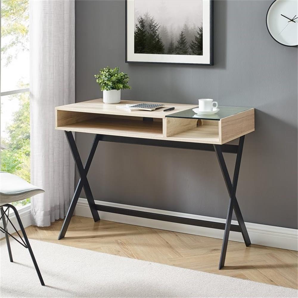 Birch and Glass X-Leg Writing Desk with Open Storage