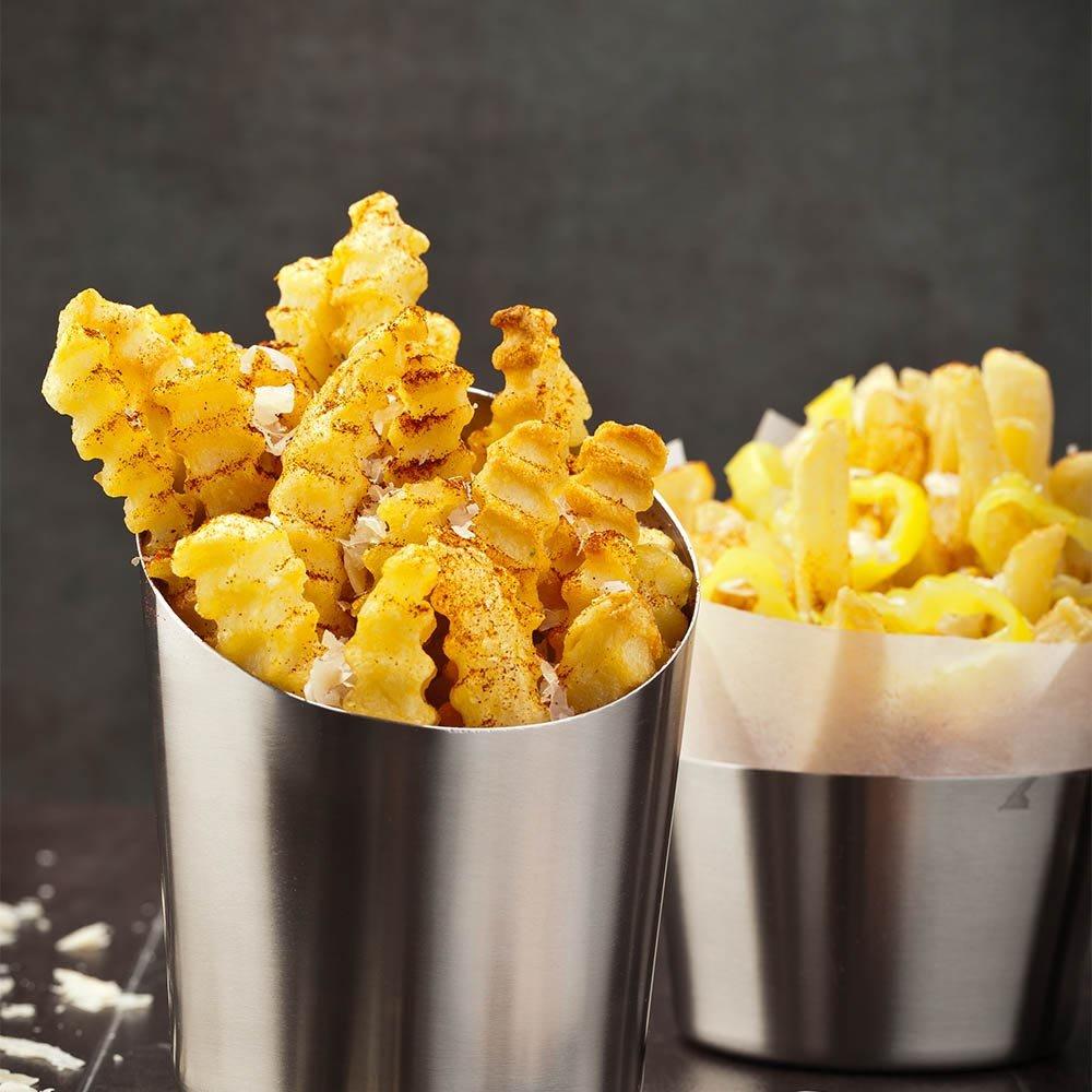 Restaurantware Met Lux 3.4 x 4.5 Inch French Fry Cup 1 Tapered French Fry Holder - Satin Finish Durable Stainless Steel Fry Cup For Serving Chips Onion Rings Tater Tots or Vegetables