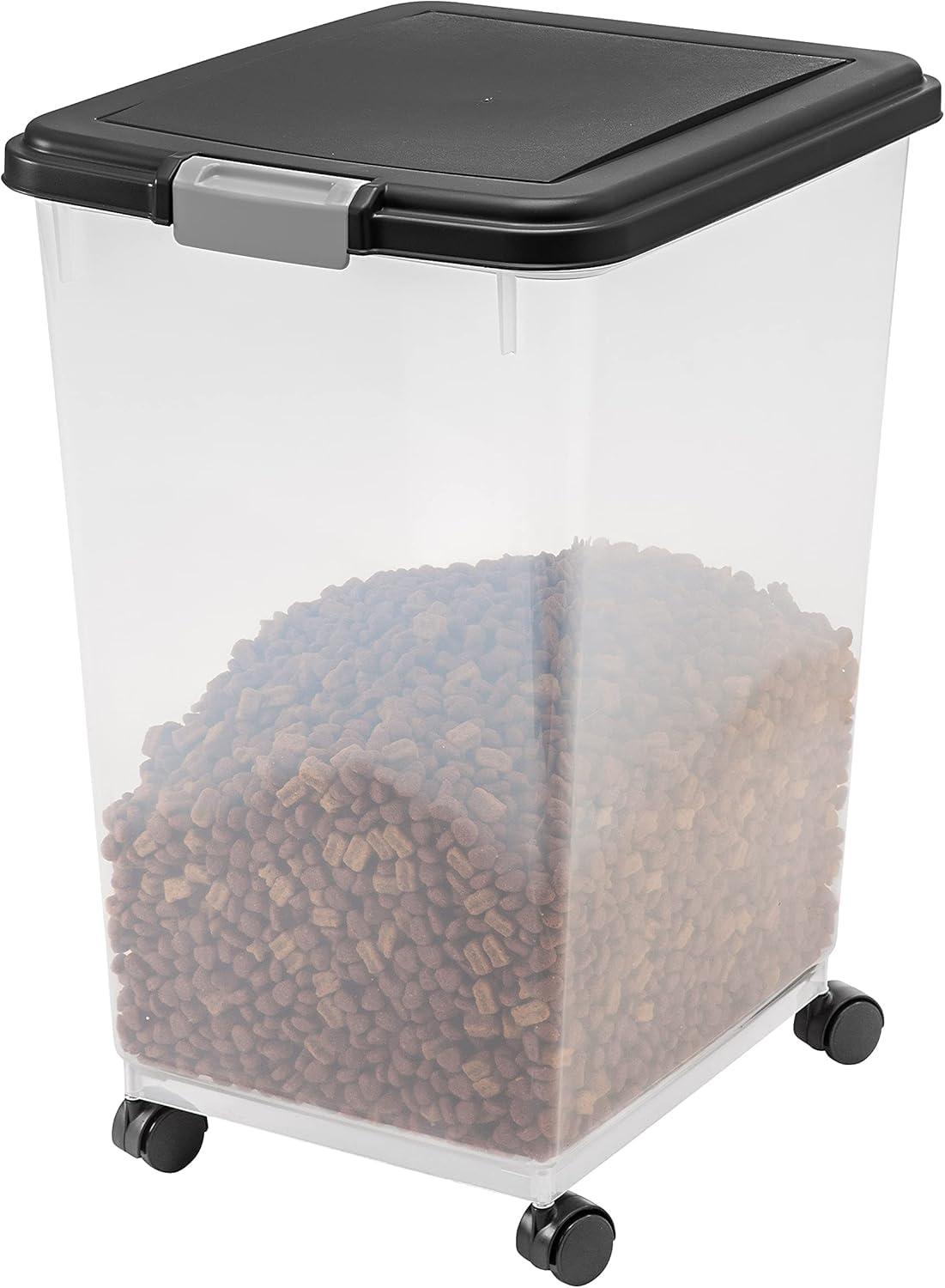 IRIS USA 54 Lbs / 69 Qt WeatherPro Airtight Pet Food Storage Container with Attachable Casters, For Dog Cat Bird and Other Pet Food Storage Bin, Black