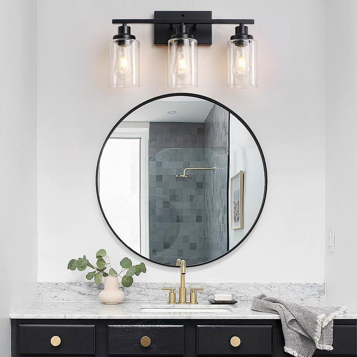 3-Light Bathroom Light Fixtures Bathroom Vanity Lights with Clear Glass Shades Matte Black Bathroom Light Fixtures over mirror for Mirror Living Room Cabinet Bedroom Porch