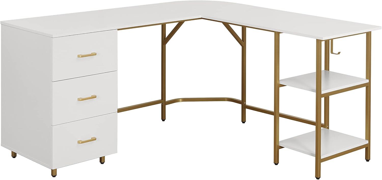 Techni Mobili L-Shape Home Office Desk with Storage, Gold/White