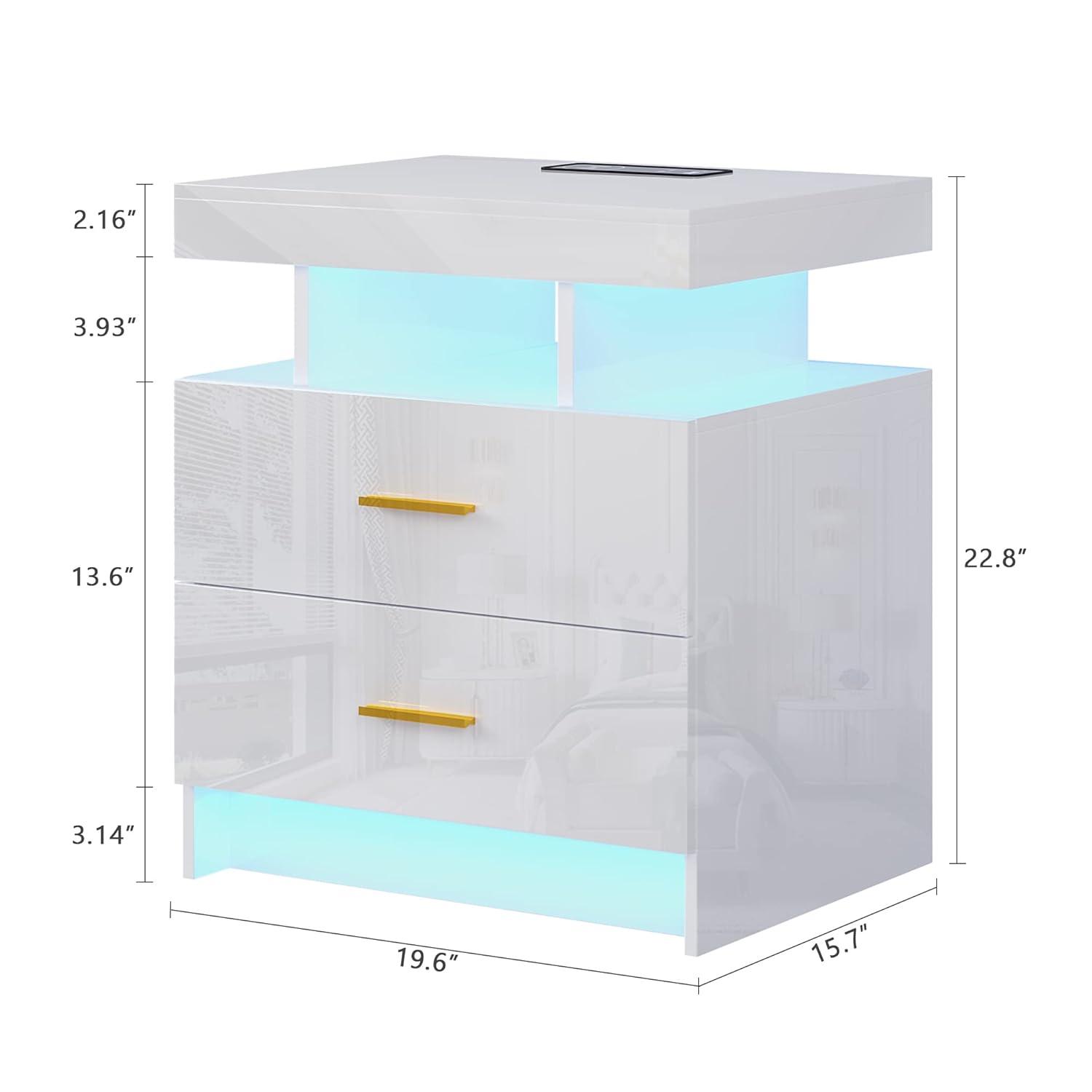 HNEBC Smart LED Nightstand with Wireless Charging & USB Ports, High Glossy Night Stand with 3 Drawers and 1 Pull-Out Tray, Modern Bedside Table with Human Sensor for Bedroom (White)