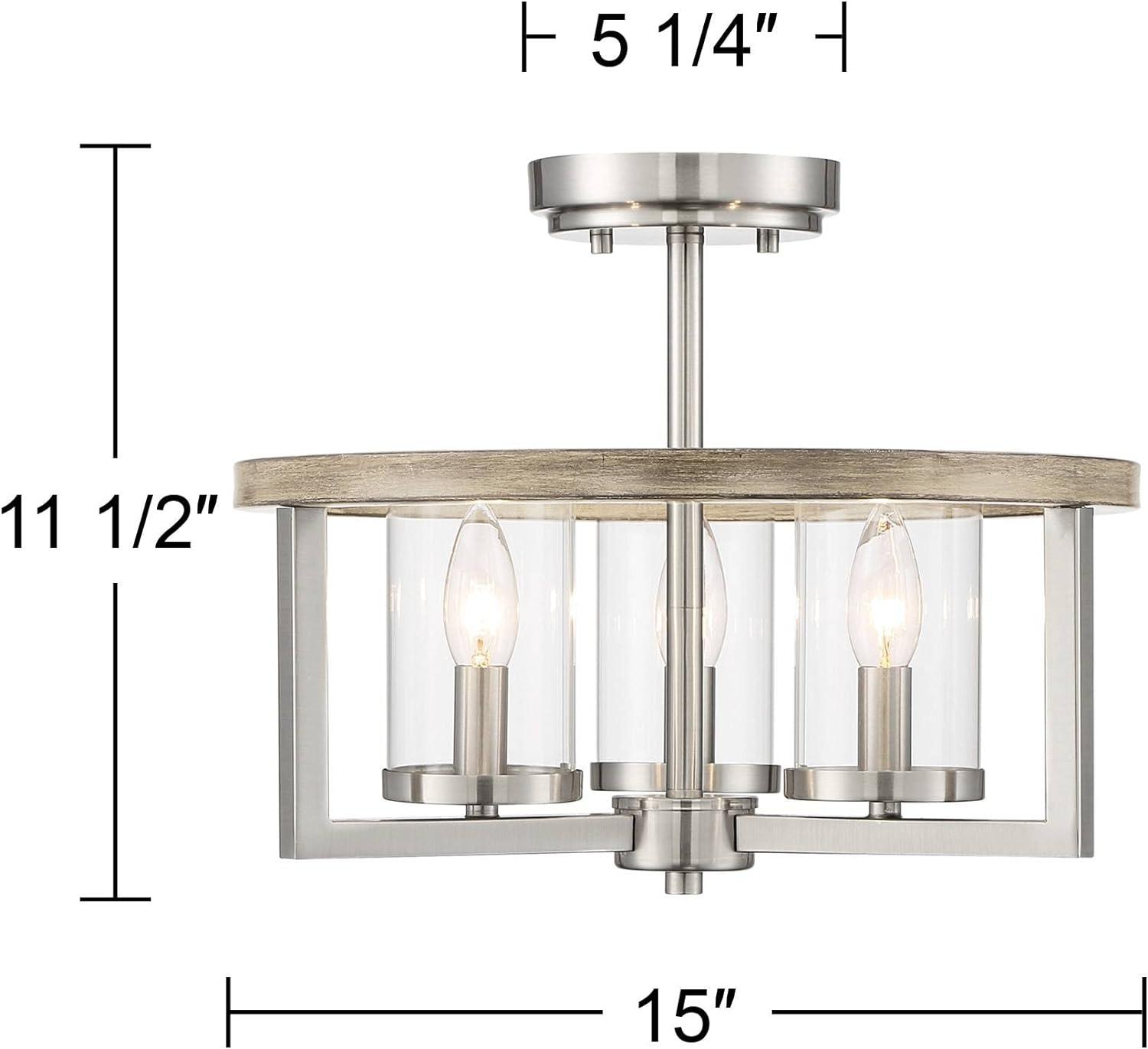 Senna Brushed Nickel and Gray Wood 17" Drum Ceiling Light with Clear Glass