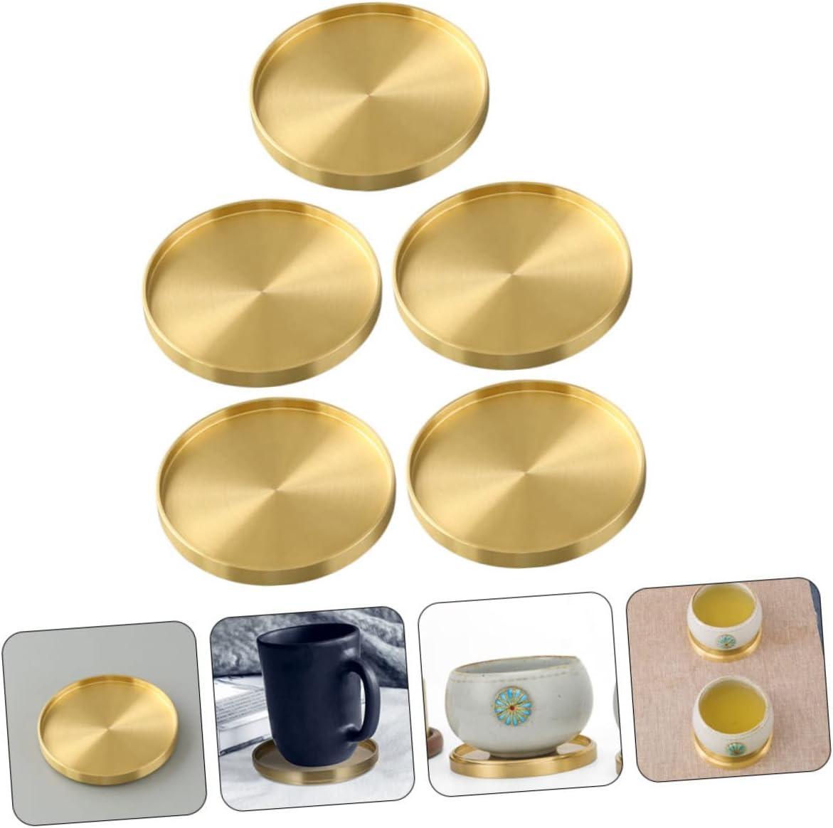 HERFIER 5pcs Copper Cup Coasters Cup Mats Saucers Teacup Storage Holder Coffee Cup Mats 2.59x2.59x0.24in