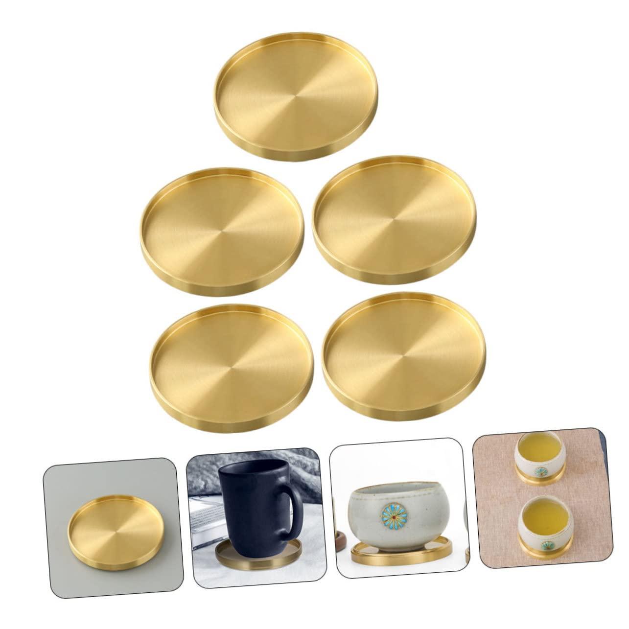 HERFIER 5pcs Copper Cup Coasters Cup Mats Saucers Teacup Storage Holder Coffee Cup Mats 2.59x2.59x0.24in