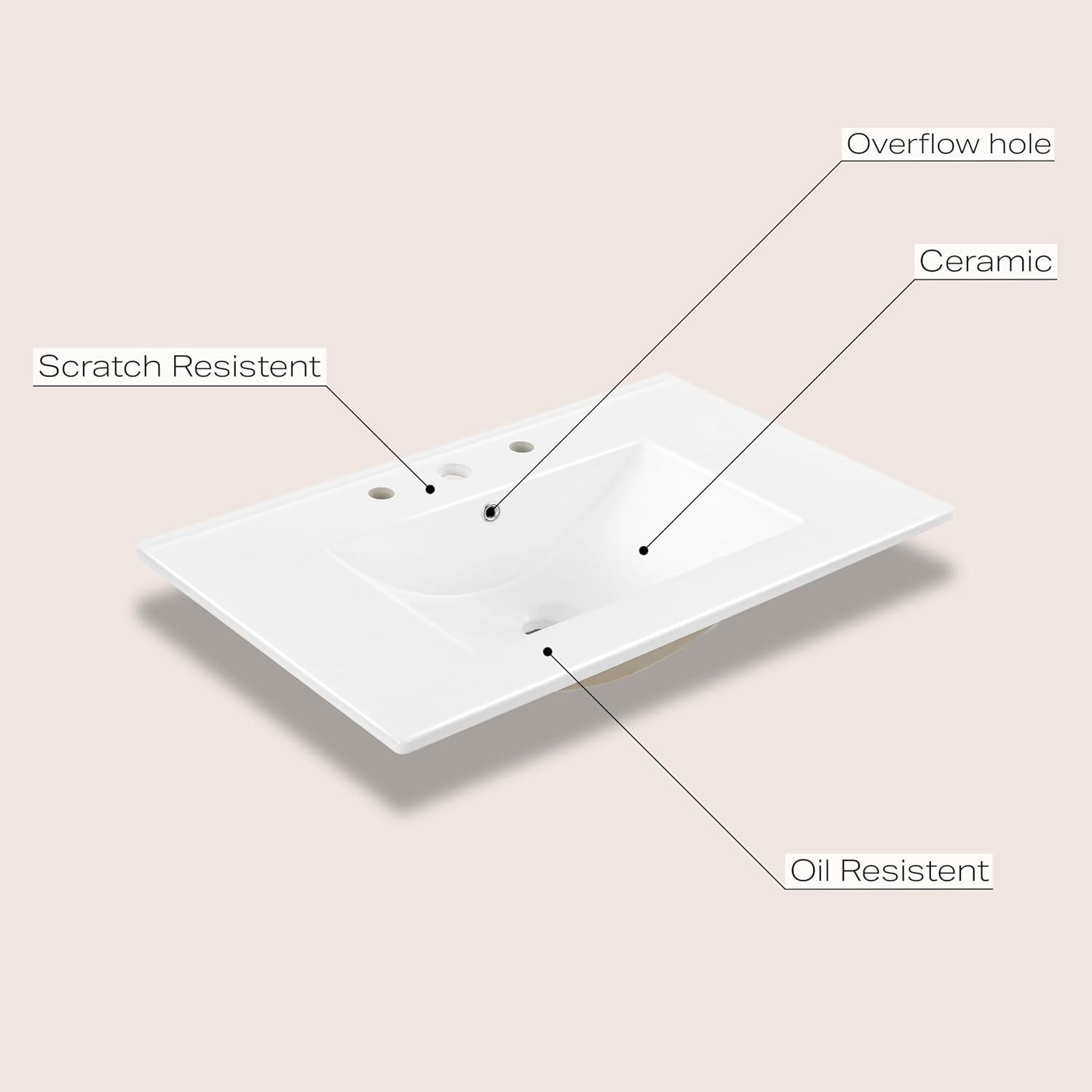 Jonathan Y Ancillary 3-Hole 30" Classic Contemporary Rectangular Ceramic Single Sink Basin Vanity Top