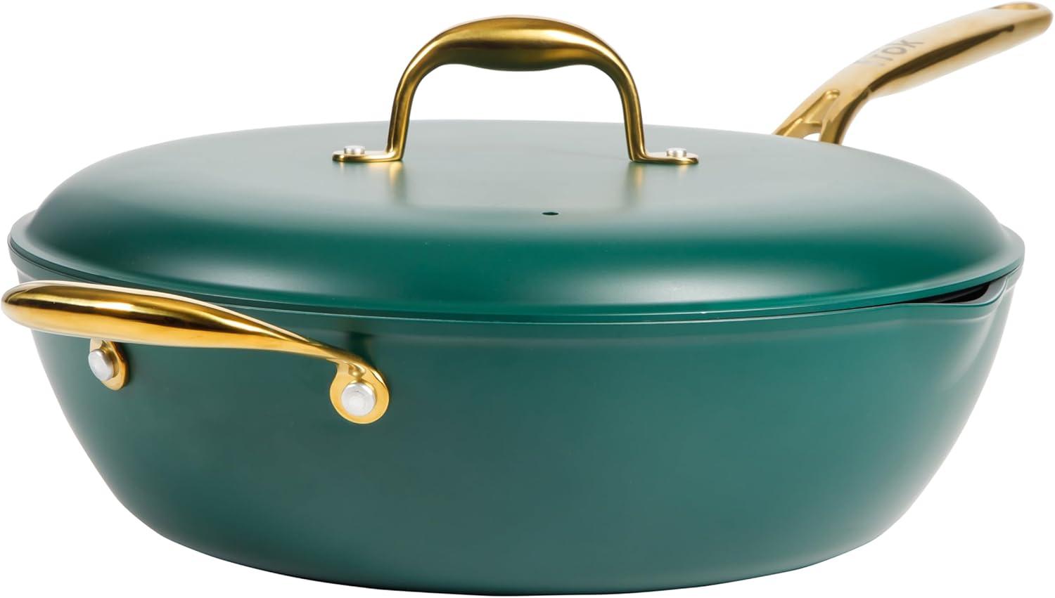 frök Frok 13"  Frying Pan Wok Skillet 4MM Thick Quick Heat Aluminum Cookware W/ Aluminum Lid Set W/ Premium PFA Free Ceramic Nonstick Interior & Heat Resistant Exterior - Induction