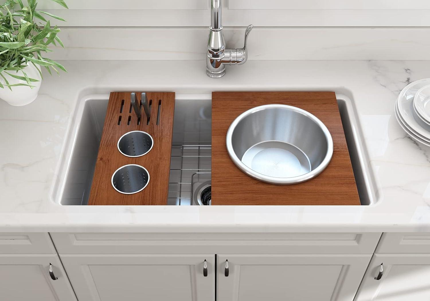 BOCCHI Wood Board With Large Round Stainless Steel Mixing Bowl And Colander F/1344, 1348, 1360, 1362, 1504, 1505, 1506 (Short Side Only), 1627, 1628