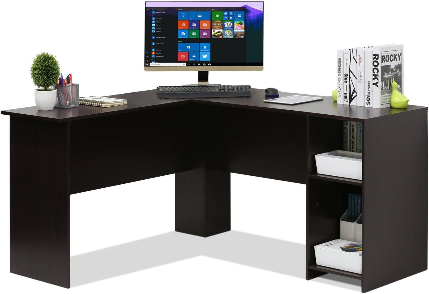 Furinno L-Shaped Computer Desk Study Gaming Table Corner Workstation with Open Bookshelves,Espresso