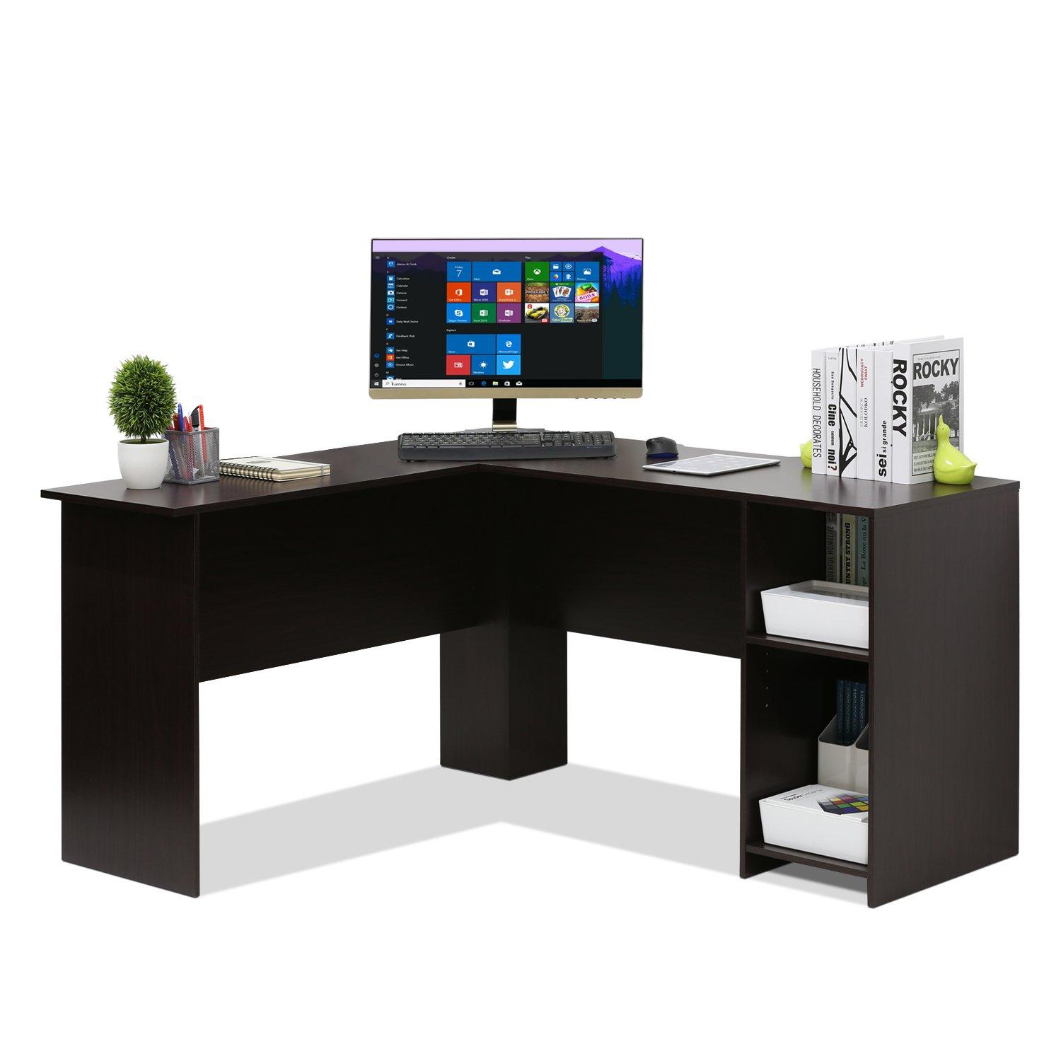 Furinno L-Shaped Computer Desk Study Gaming Table Corner Workstation with Open Bookshelves,Espresso