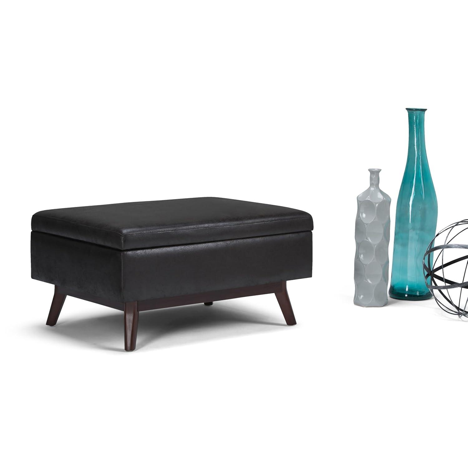 Simpli Home Owen 34"W Upholstered Coffee Table Storage Ottoman with Lift Top and Solid Wood Legs