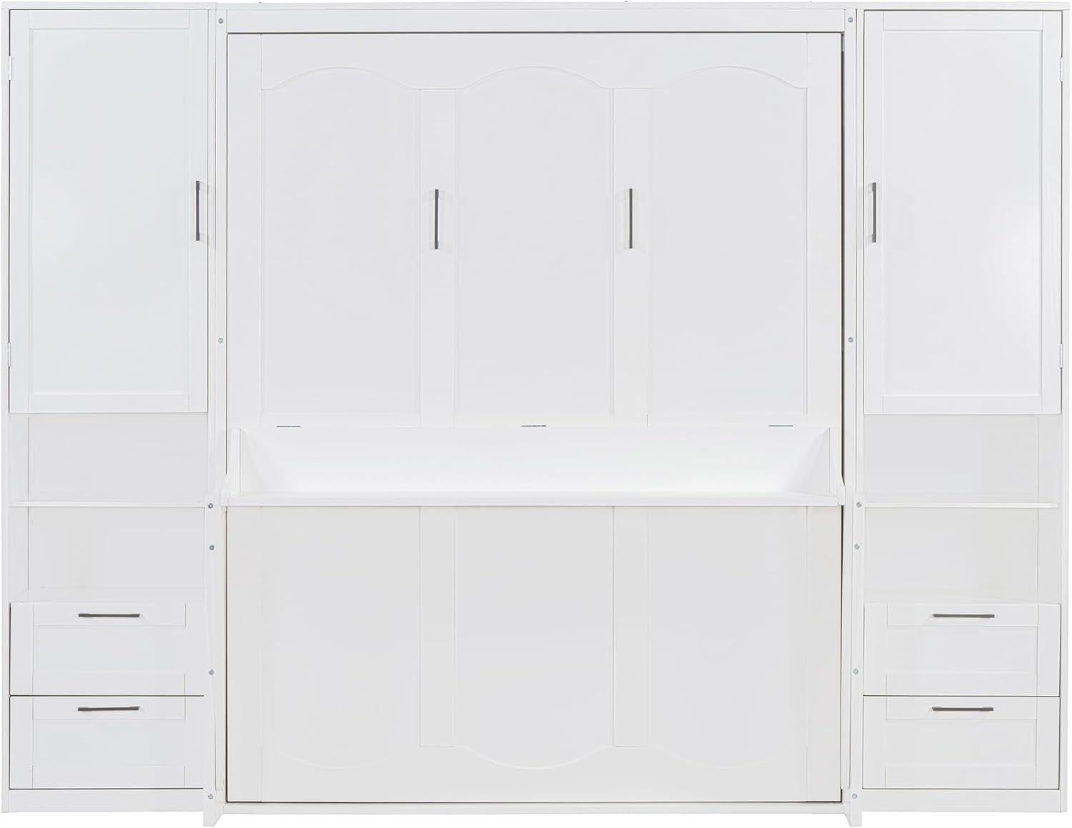 Harper & Bright Designs Queen Size Murphy Bed, Wooden Queen Wall Bed with Closet, Drawers and Shelves, White