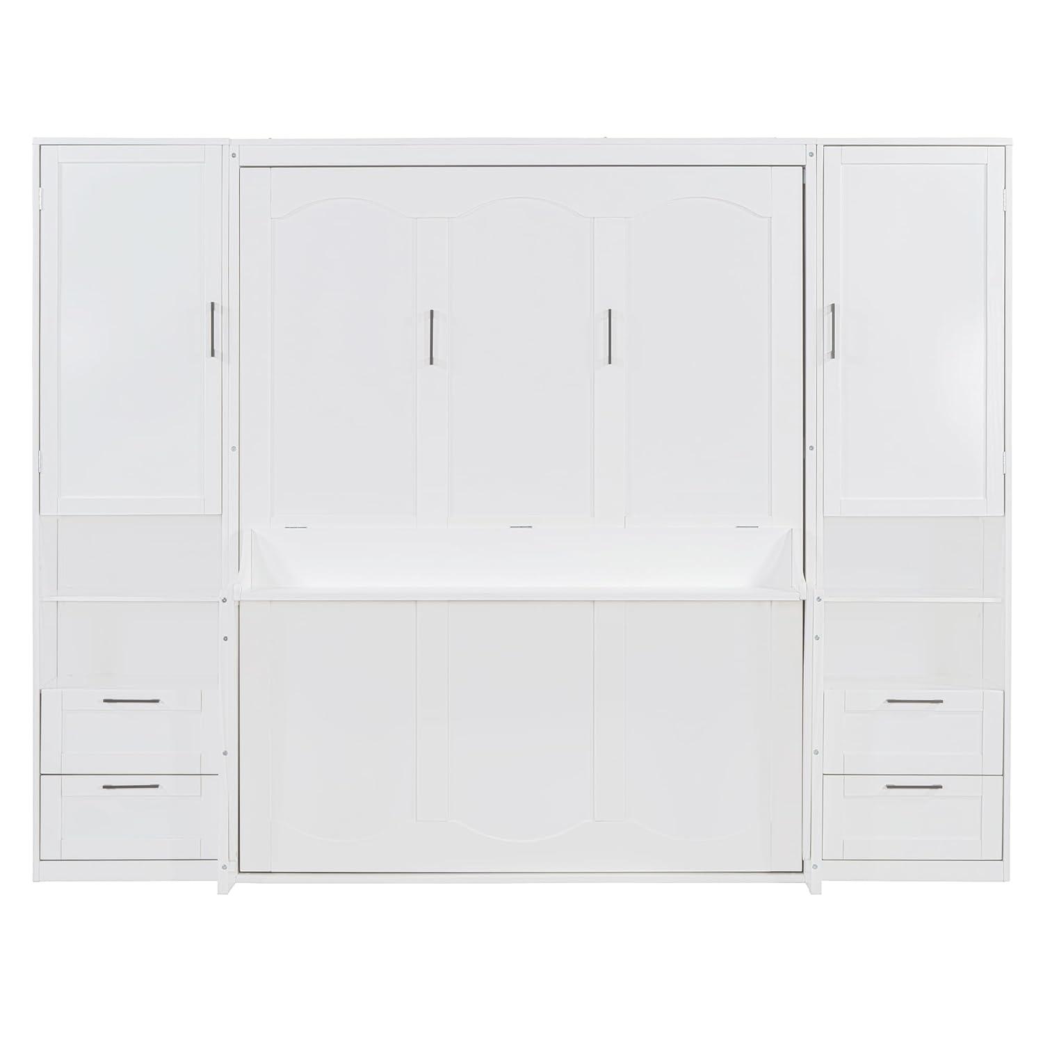 Harper & Bright Designs Queen Size Murphy Bed, Wooden Queen Wall Bed with Closet, Drawers and Shelves, White