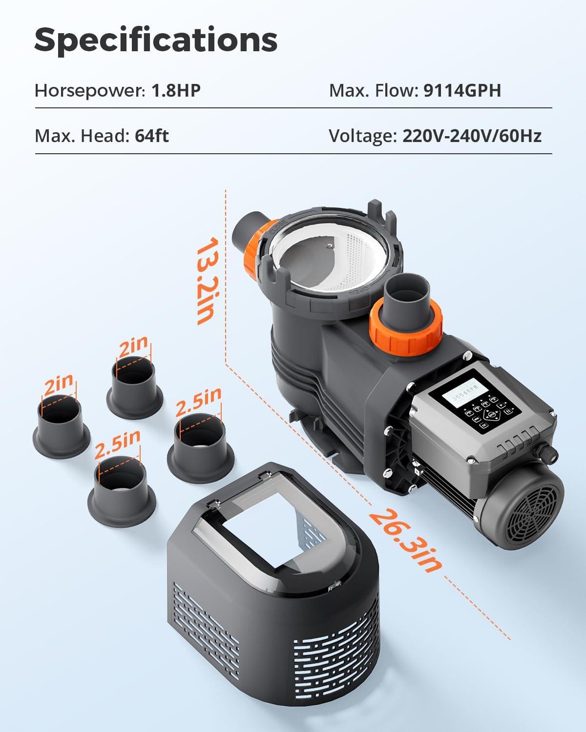 Variable Speed Pool Pump 1.8HPwith Smart Control - Energy Efficient, Quiet Operation, Built-in Safety & Easy Maintenance - Ideal for In-ground and Above-ground Pools