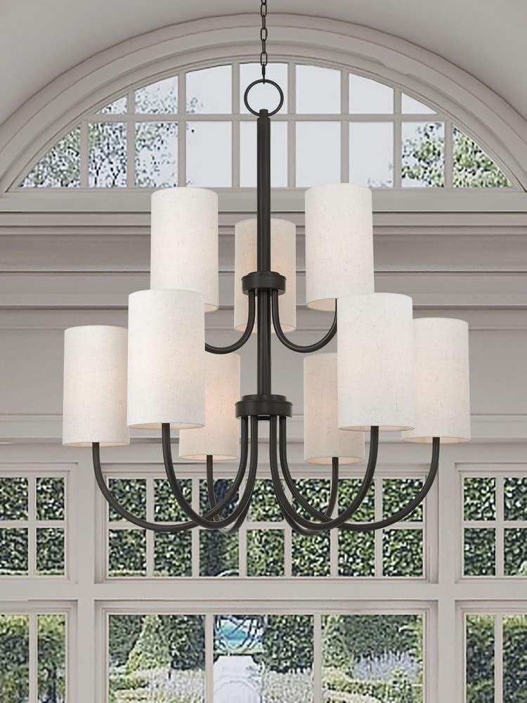 English Bronze 9-Light Drum Chandelier with Oatmeal Fabric Shade