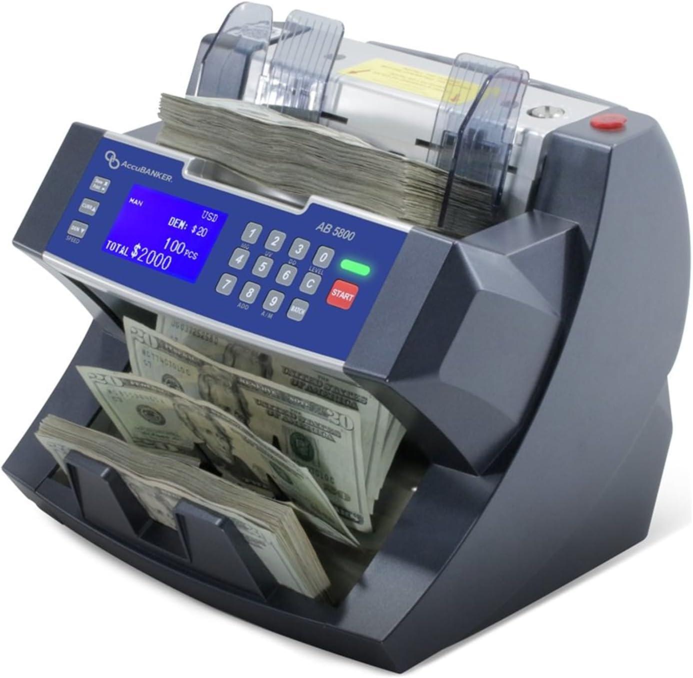 AccuBANKER AB5800 Bank Grade Batch Value Bill Counter Multi Currency Money Counter Machine with Total Value Per Denomination, 3-Point Counterfeit Detector MG UV, Hopper Capacity 300 Bills, UL Listed