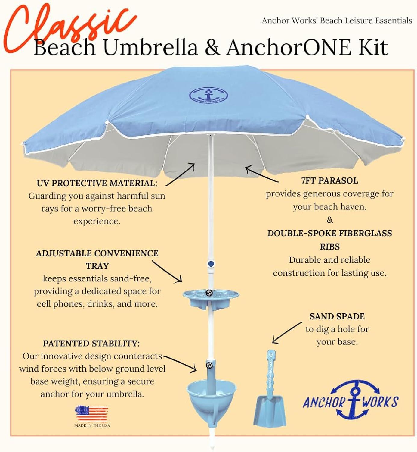 Anchor Works: Classic Beach Umbrella & AnchorONE Kit – Sky Blue - 7.5ft, Carry Bag, Sand Shovel & Drink Tray, UV-Protected, Outdoor Sun Canopy