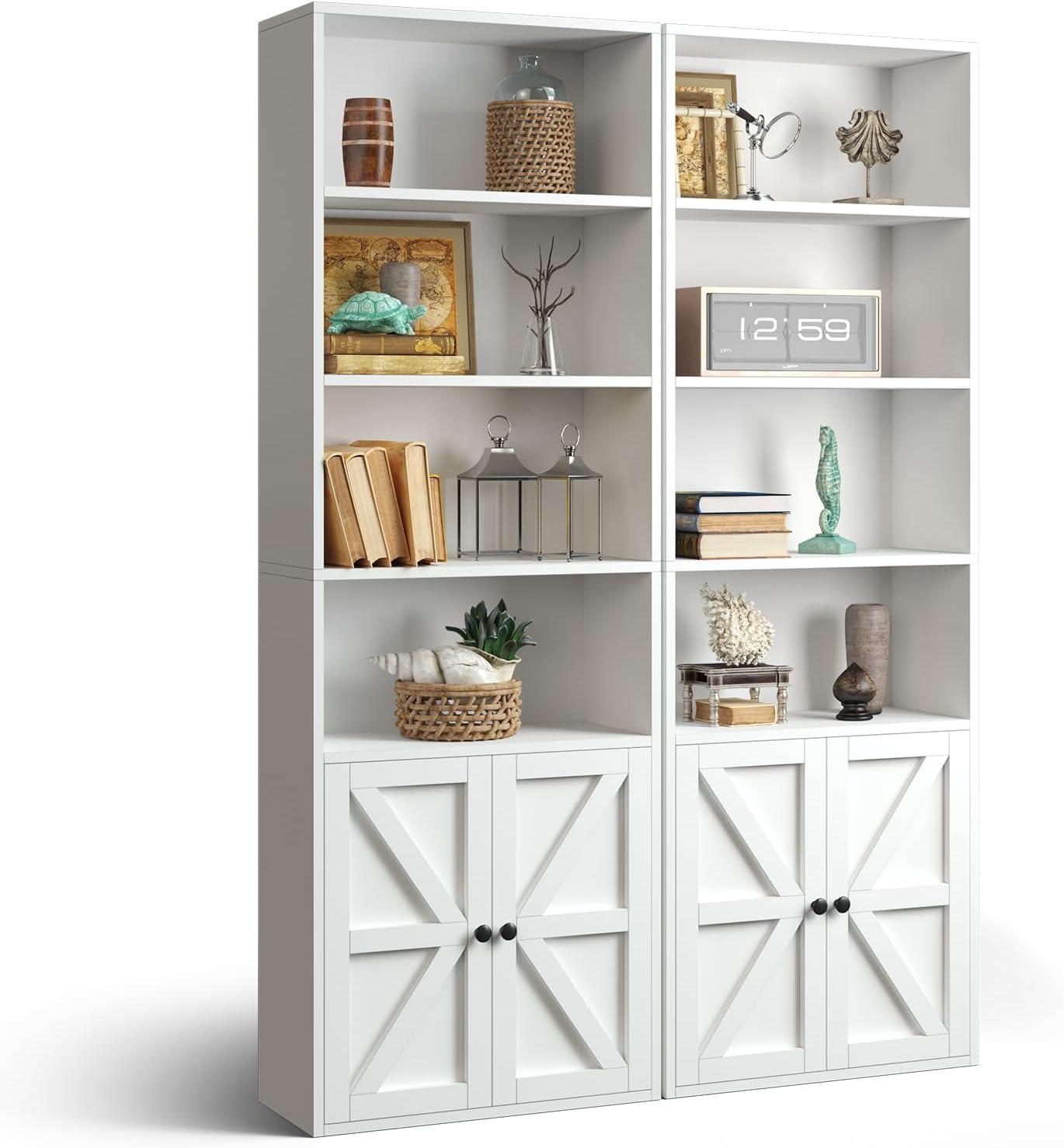 Oneinmil 6 Tier Bookshelf and Bookcase, Set of 2, Bookshelves with Barn Cabinet Doors, Floor Bookshelves for Home Office, Living Room, White