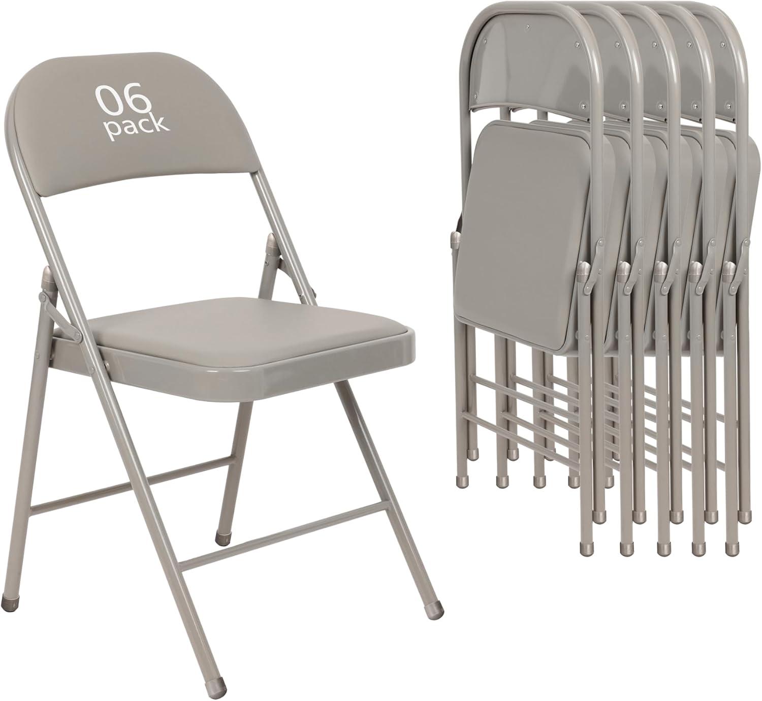 6 Pack Gray Folding Chairs with Padded Cushion and Back for Outside Portable Stackable Commercial Foldable Chairs with Steel Frame for Events Office Wedding Party, 330lbs Capacity