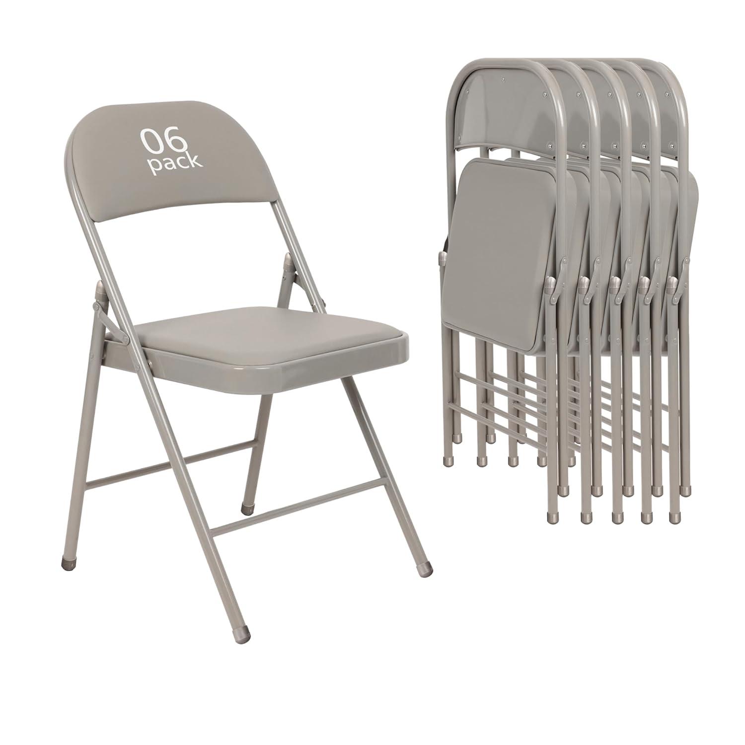 6 Pack Gray Folding Chairs with Padded Cushion and Back for Outside Portable Stackable Commercial Foldable Chairs with Steel Frame for Events Office Wedding Party, 330lbs Capacity