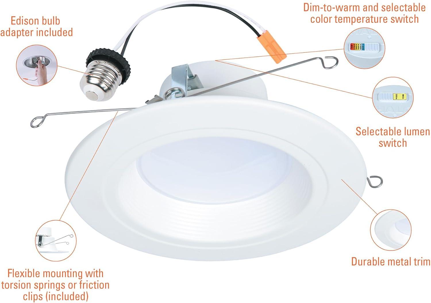 HALO RL Series 5/6 inch Recessed LED Retrofit Light, Selectable CCT 2700K-5000K Integrated LED, Dim to Warm, White Retrofit Baffle Trim, 600 Lumens
