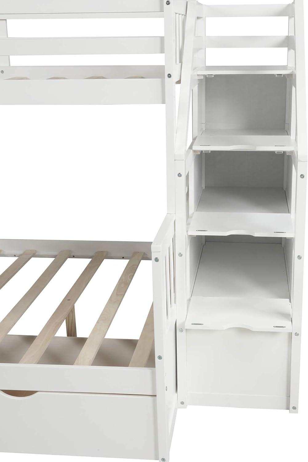Twin Over Full Bunk Bed with Stairs and Slide, Solid Wood Bunk Bed Frame with Storage Drawers for Kids Girls Boys (White)