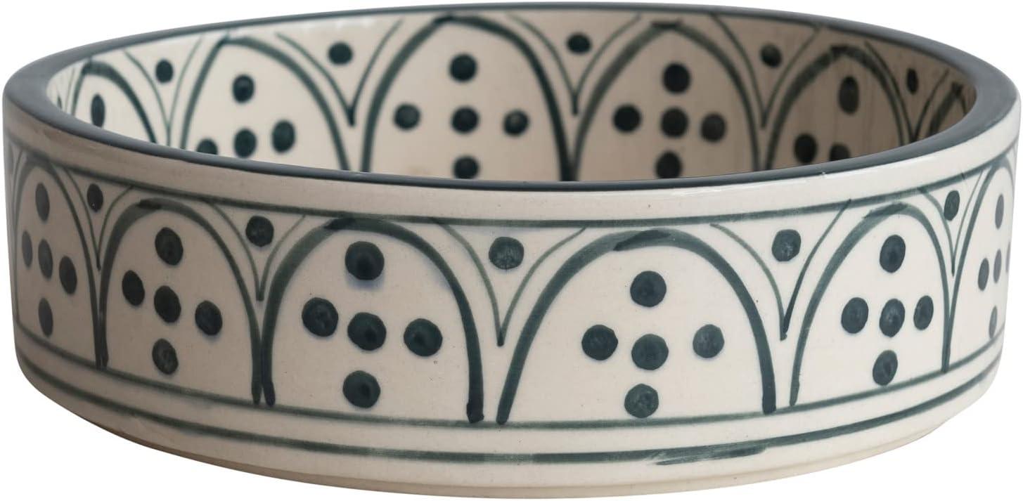 Creative Co-Op Hand-Painted Stoneware Pet Bowl with Botanical Design, Cream and Blue