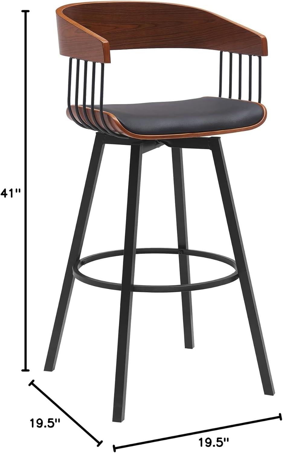 Armen Living Indoor Athena 31" Swivel Walnut Wood Bar Stool in Black Faux Leather with Black Metal