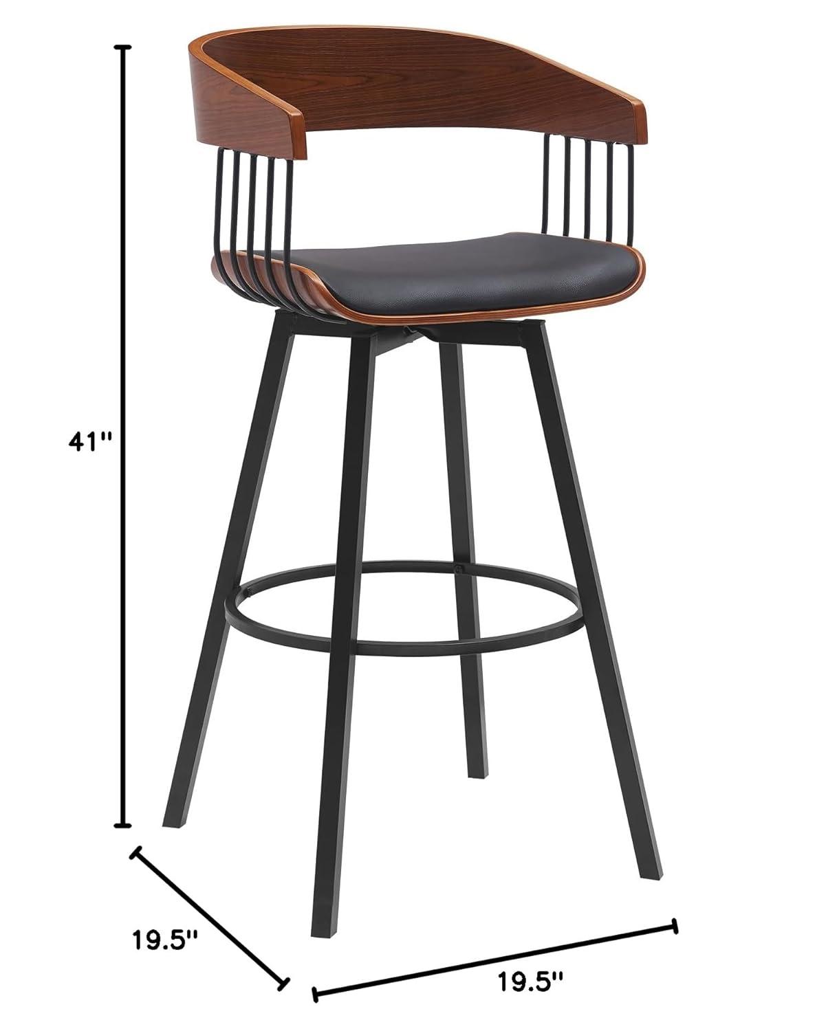 Armen Living Indoor Athena 31" Swivel Walnut Wood Bar Stool in Black Faux Leather with Black Metal