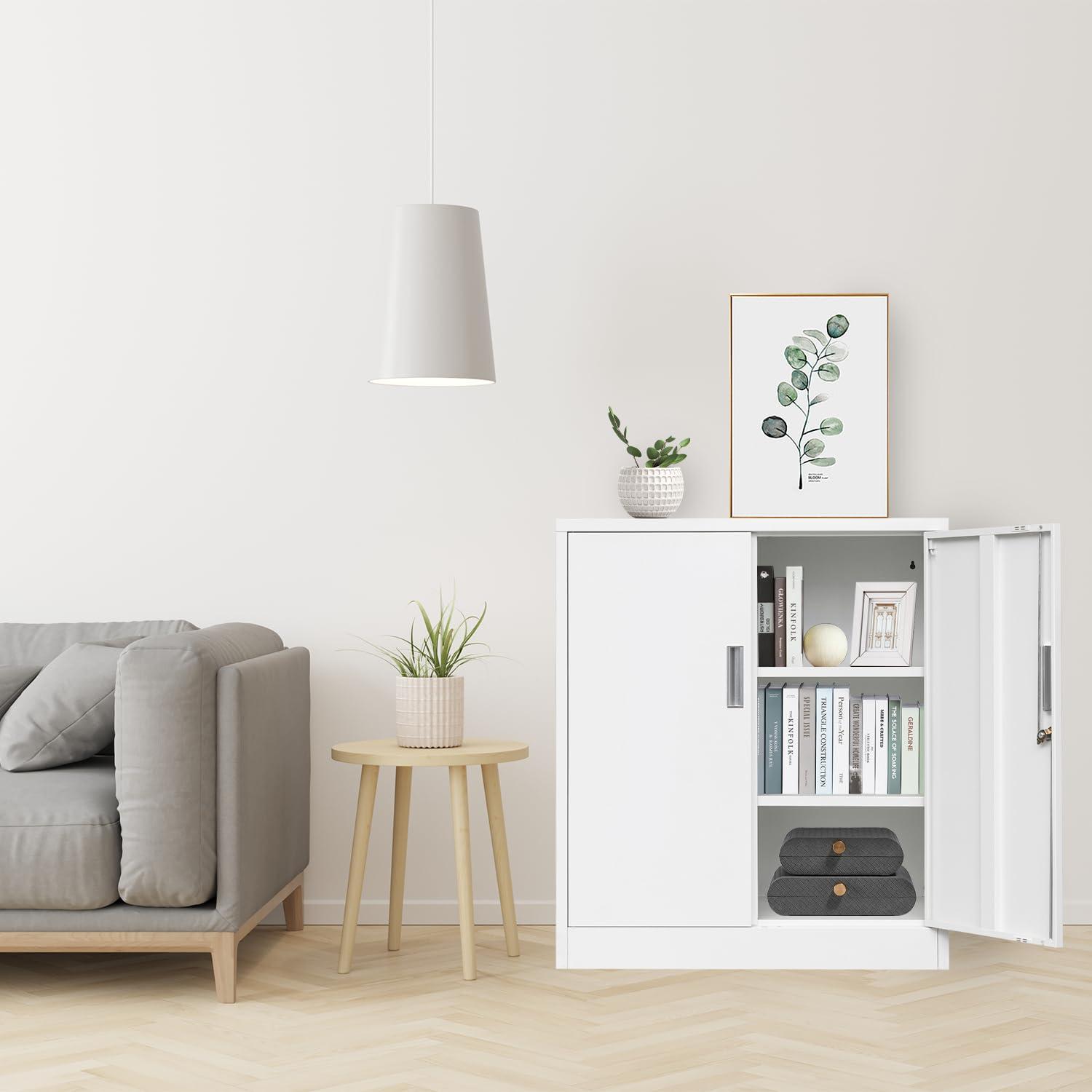 Metal Storage Cabinets with Shelves and Doors, Sideboard Buffet Cabinet for Kitchen, Entryway, Living Room, Home Office, Garage, Utility Room and Basement, 36.2" H x 31.5" W x 15.7" D (White)