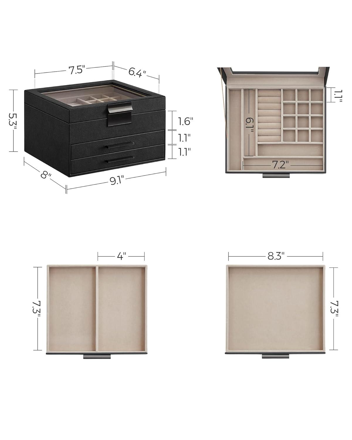 Glass Lid Jewelry Box with Glass Jewelry Organizer Case for Rings Necklaces Earrings Black and Silver