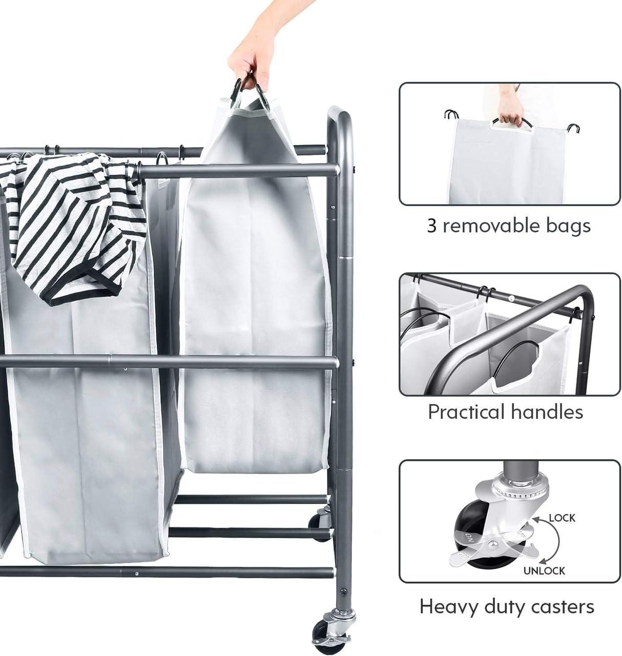 Gray 3-Compartment Kids Laundry Sorter with Wheels