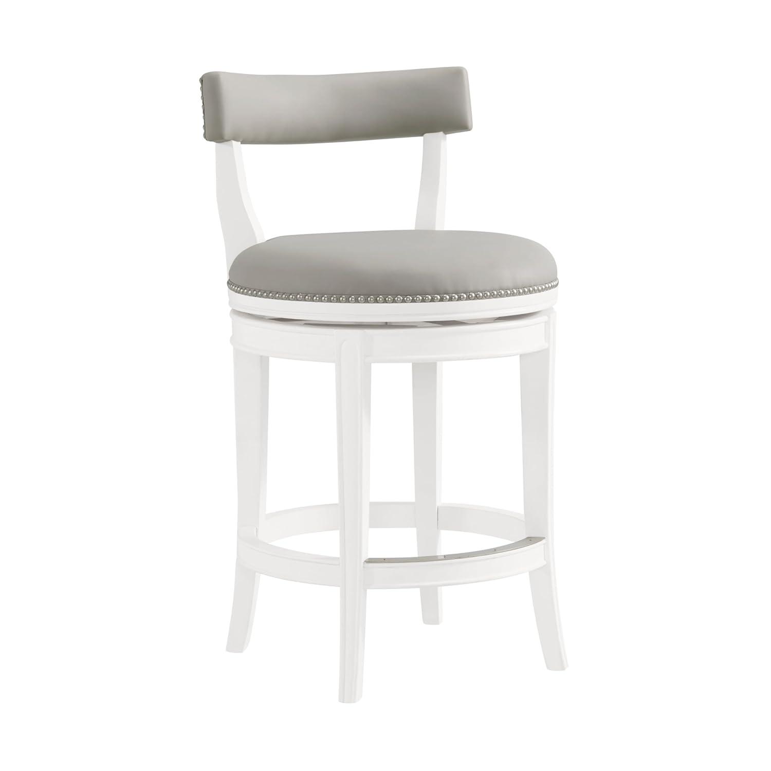 Alaterre Hanover Swivel Counter Height Bar Stool, 26-Inch Seat Height, White and Gray, Solid Rubberwood Frame with Faux Leather Upholstery, Nailhead Trim, Memory Return Swivel Mechanismv