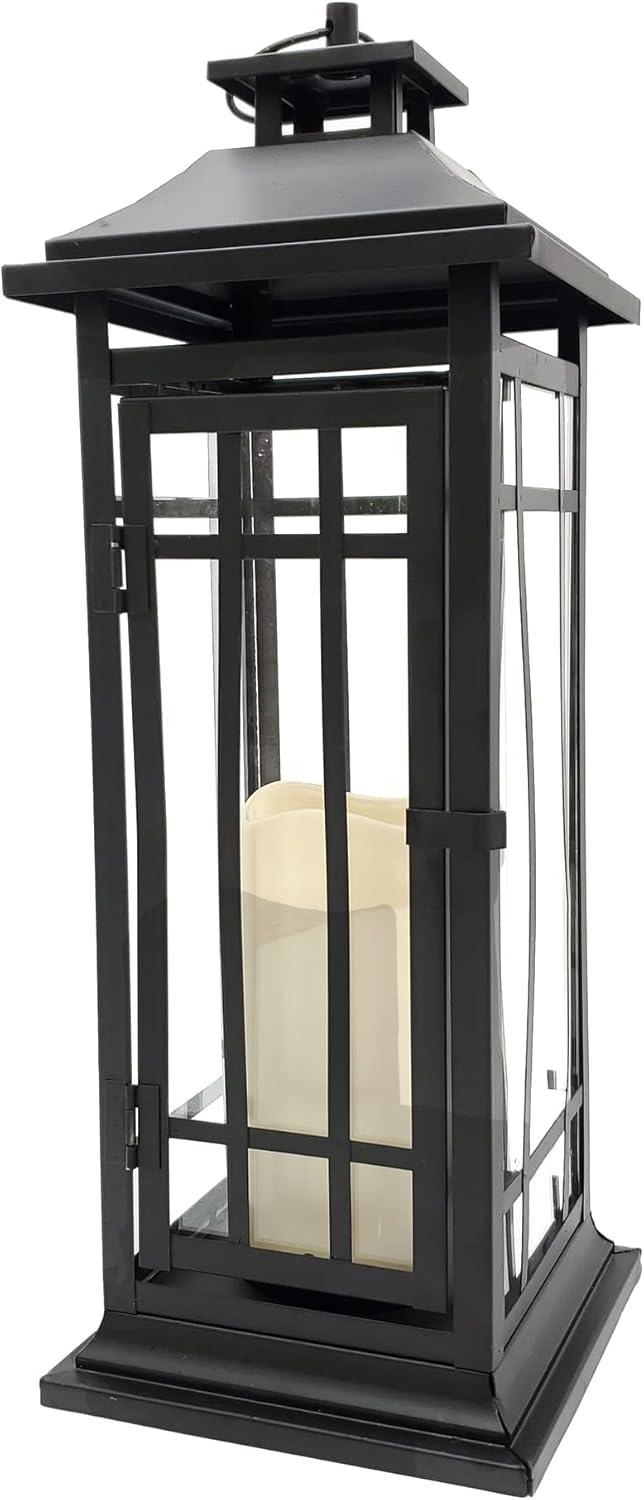 LumaBase Battery Operated Metal Lantern with LED Candle - Black Window (17 inches)