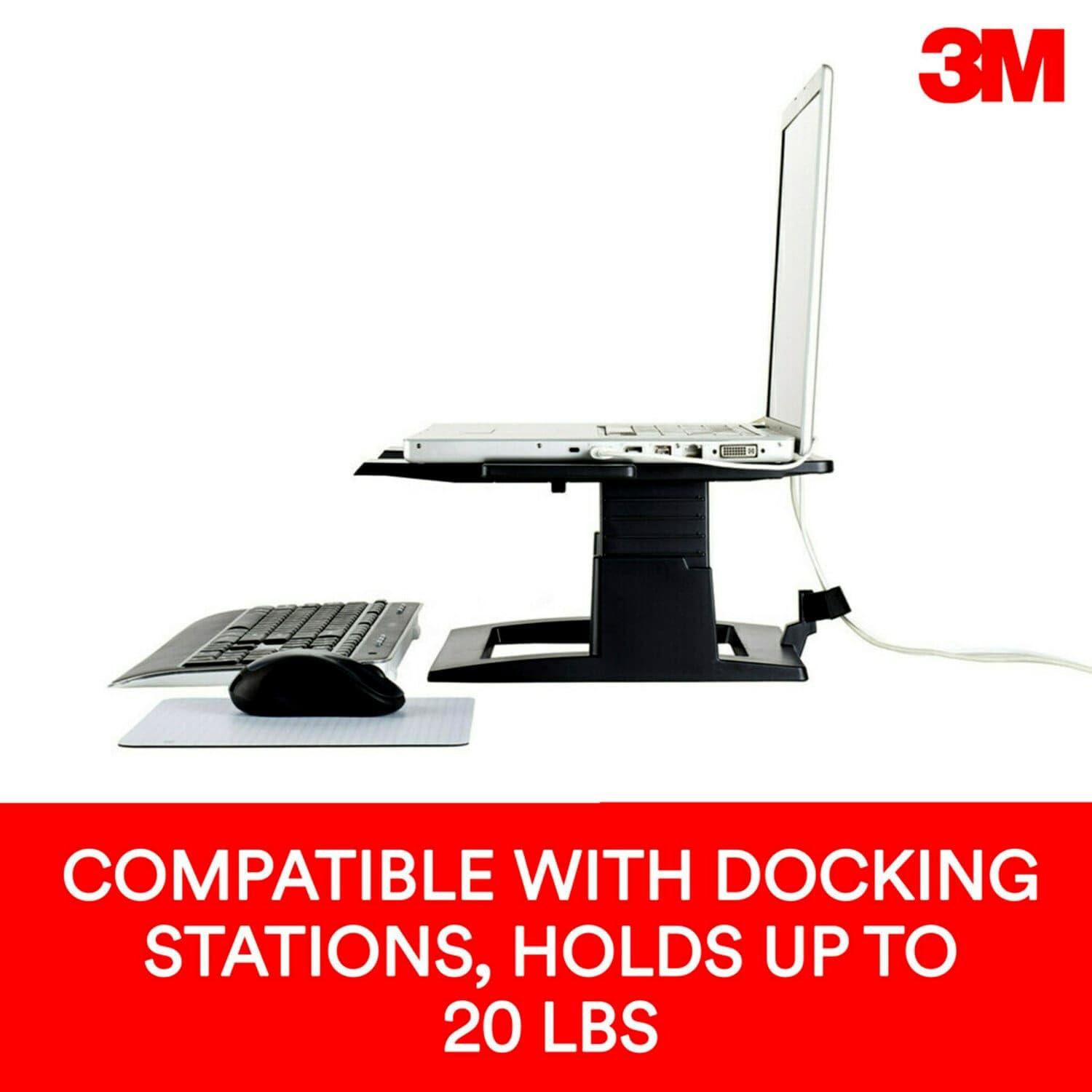 3M Adjustable Laptop Stand, Raise Screen Height to Reduce Neck Strain, 3" Height Adjustment, Large Platform for Docking Station, Non-Skid Base Keeps Laptop Secure, Cable Management, Black (L