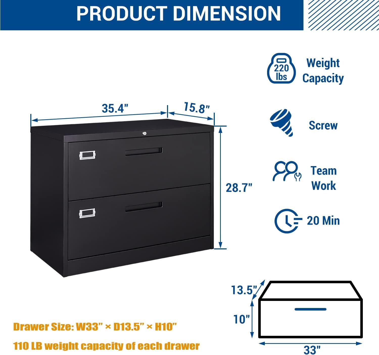 U-SHARE 2 Drawer Lateral File Cabinet with Lock, Metal Steel Filling Cabinets for Home Office, Lockable Storage Cabinet for Hanging Files Letter/Legal/F4/A4 Size-Assembly Required