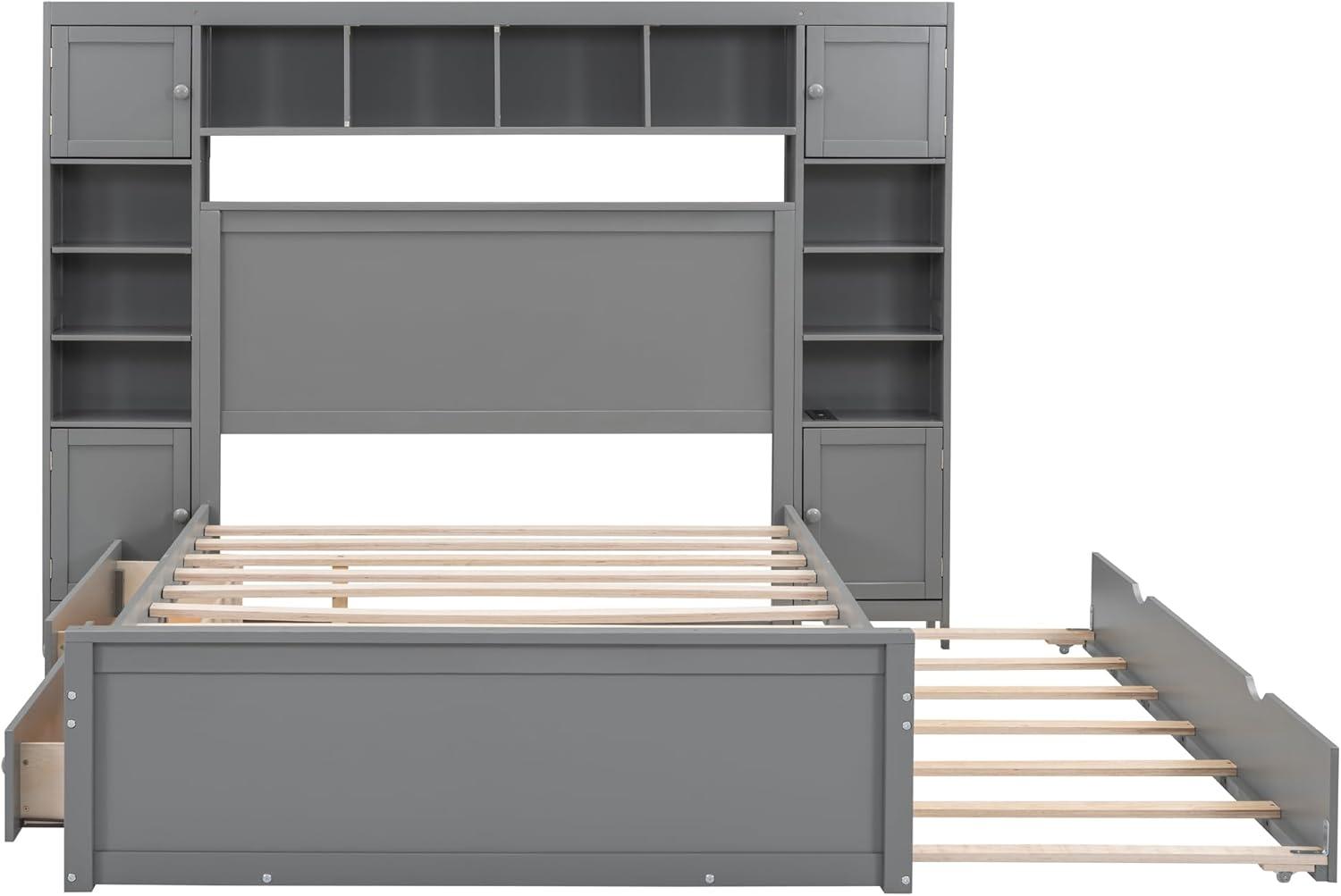 MODERNLUXE Queen Size Bed Frame with Trundle,Solid Wood Platform Bed with 10 Shelves,2 Storage Drawers,4 Cabinets,Charging Station and Bookcase Headboard,No Box Spring Needed/Noise Free,Gray