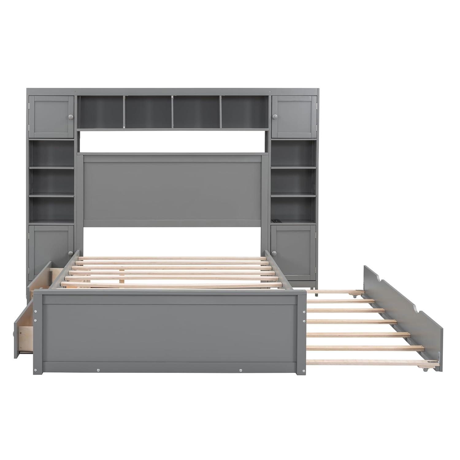 MODERNLUXE Queen Size Bed Frame with Trundle,Solid Wood Platform Bed with 10 Shelves,2 Storage Drawers,4 Cabinets,Charging Station and Bookcase Headboard,No Box Spring Needed/Noise Free,Gray