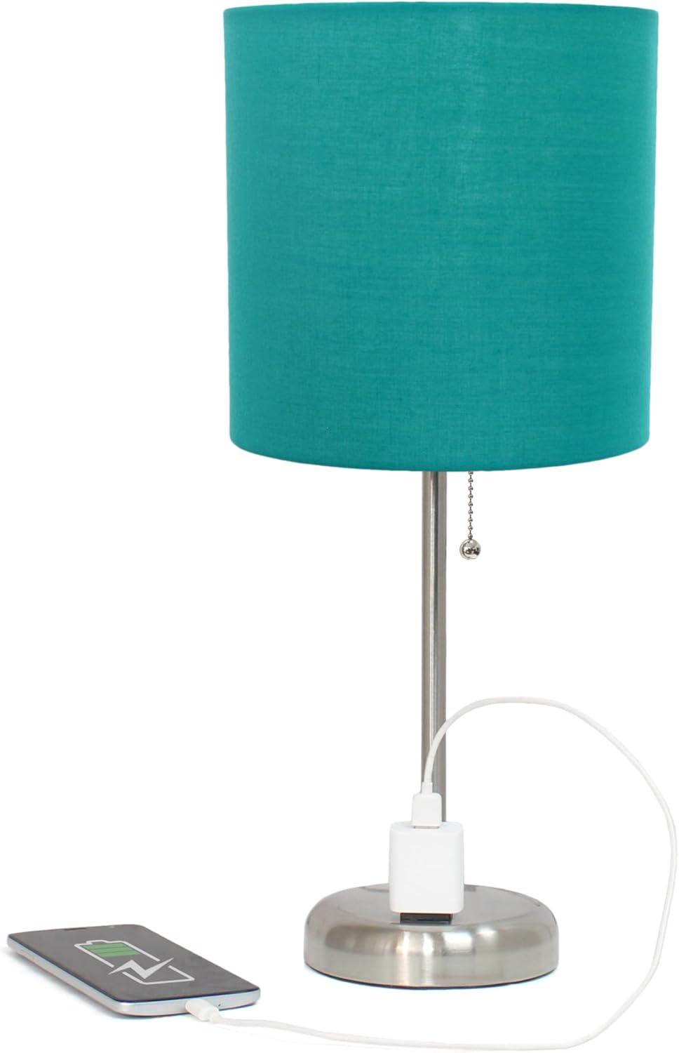 Teal Fabric Shade Brushed Steel Stick Table Lamp Set with Charging Outlet