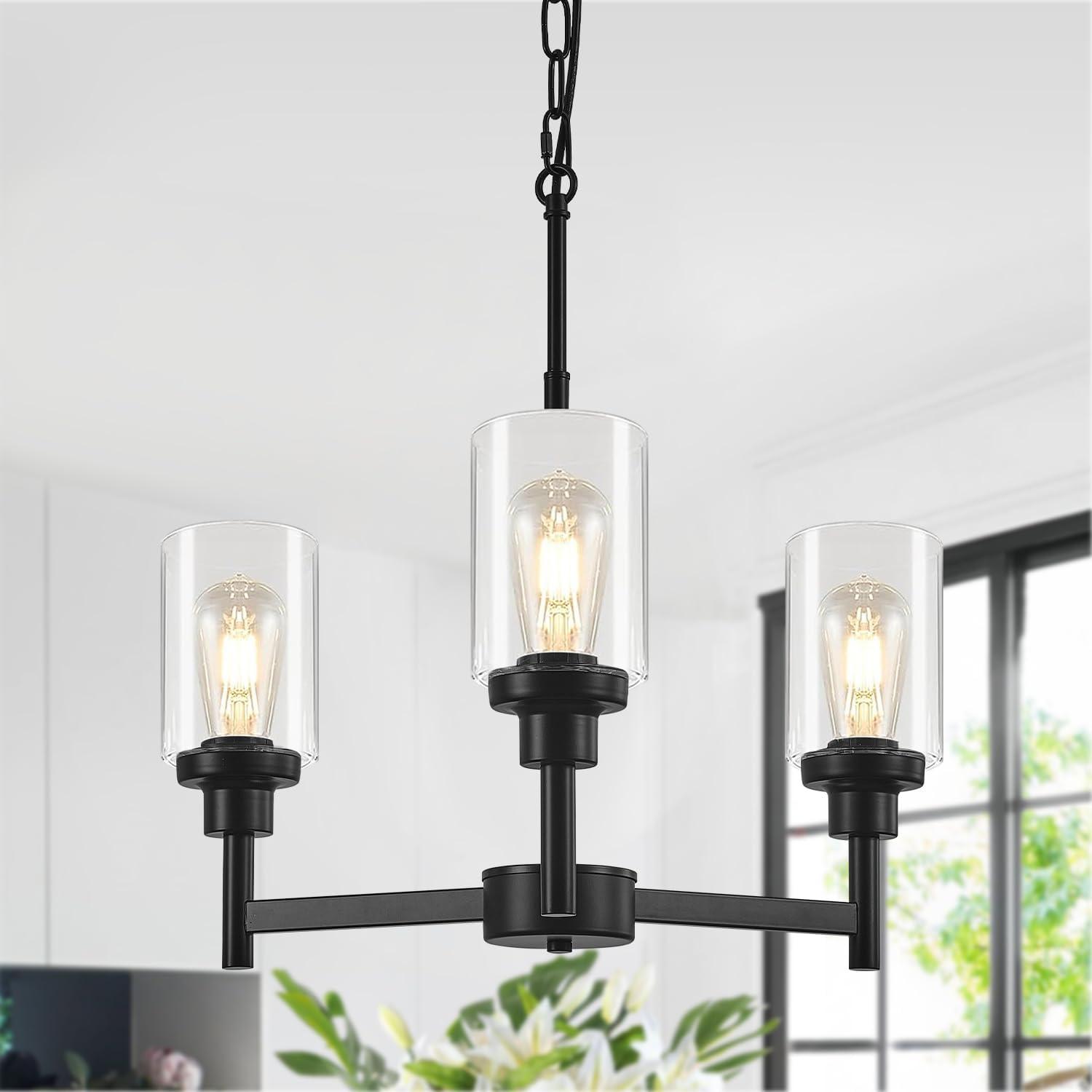 Black Chandelier for Dinning Room Living Room Island Kitchen Chandelier Light Fixtures Over Table, 3 Light Farmhouse Chandelier with Cylinder Clear Glass, Height Adjustable